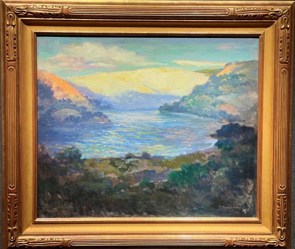 Thomas A. McGlynn - "The Cove" Thomas A. McGlynn - "The Cove" - Oil on canvas - 25" x 30" - Estate signature lower right
<br>Directly from the estate of Thomas A. McGlynn
<br>
<br>Front cover of gallery catalogue…
<br>Thomas A. McGlynn (1878-1966)
<br>Craftsman, Designer, Teacher, Painter, "a lifetime dedicated to artistic passions…"
<br>
<br>Selected paintings by early California artist Thomas A. McGlynn
<br>Copyright 2005 by Trotter Galleries
<br>
<br>
<br>"The Cove" had been given to the artist’s son and was never signed by the artist, as it was a gift in the family and never meant to be sold.
<br>Tom McGlynn the third signed a letter of authorization for an estate signature stamp to be applied to the front of the painting, and copied directly from another signed McGlynn painting, as most collectors prefer seeing an artist signature. This is a common practice for situations like this when authorization is given by the family. Many major artworks have authorized estate signatures, including artwork by Franz Bischoff, Edgar Payne, Alson Clark, etc. what rarely seen is a painting having a signed letter by the authorized family member, and for a specific painting like we have for "The Cove".