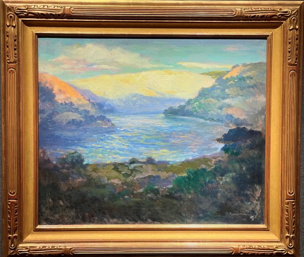 Thomas A. McGlynn - "The Cove" - Oil on canvas - 25" x 30" - Estate signature lower right
<br>Directly from the estate of Thomas A. McGlynn
<br>
<br>Front cover of gallery catalogue…
<br>Thomas A. McGlynn (1878-1966)
<br>Craftsman, Designer, Teacher, Painter, "a lifetime dedicated to artistic passions…"
<br>
<br>Selected paintings by early California artist Thomas A. McGlynn
<br>Copyright 2005 by Trotter Galleries
<br>
<br>
<br>"The Cove" had been given to the artist’s son and was never signed by the artist, as it was a gift in the family and never meant to be sold. 
<br>Tom McGlynn the third signed a letter of authorization for an estate signature stamp to be applied to the front of the painting, and copied directly from another signed McGlynn painting, as most collectors prefer seeing an artist signature.   This is a common practice for situations like this when authorization is given by the family.  Many major artworks have authorized estate signatures, including artwork by Franz Bischoff, Edgar Payne, Alson Clark, etc. what rarely seen is a painting having a signed letter by the authorized family member, and for a specific painting like we have for "The Cove".