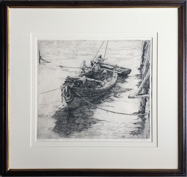 Armin C. Hansen, N.A. - "Sardine Barge" - Etching - 12 7/8" x 14 5/8" - Plate: Signed & dated, lower left: Armin Hansen '22. 
<br>Titled in pencil lower left; signed in pencil lower right.
<br>
<br>In: 'The Graphic Art of Armin C. Hansen-A Catalogue Raisonne by Anthony R. White/1986; plate #43, pages 54, 55.
<br>
<br>THIS IS HANSEN'S SIGNATURE ETCHING - AND ICONIC COMPOSITION. 
<br>HIS GOLD MEDAL WINNER IN 1923 AT THE LA INTERNATIONAL EXHIBITION BY THE LOS ANGELES CHAMBER OF COMMERCE FOR BEST PRINT IN EXHIBIT.