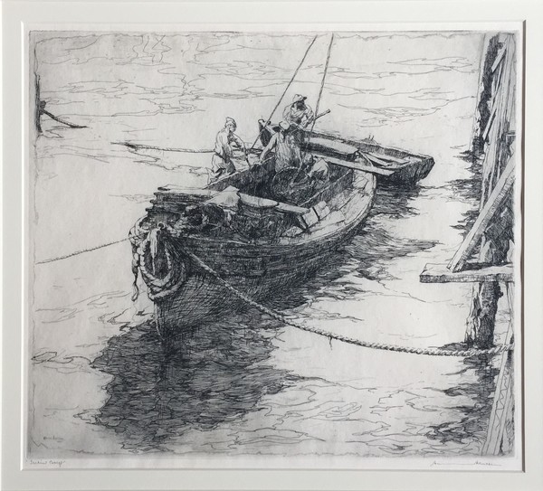 Armin C. Hansen, N.A. - "Sardine Barge" - Etching - 12 7/8" x 14 5/8" - Plate: Signed & dated, lower left: Armin Hansen '22. <br>Titled in pencil lower left; signed in pencil lower right.<br><br>In: 'The Graphic Art of Armin C. Hansen-A Catalogue Raisonne by Anthony R. White/1986; plate #43, pages 54, 55.<br><br>THIS IS HANSEN'S SIGNATURE ETCHING - AND ICONIC COMPOSITION. <br>HIS GOLD MEDAL WINNER IN 1923 AT THE LA INTERNATIONAL EXHIBITION BY THE LOS ANGELES CHAMBER OF COMMERCE FOR BEST PRINT IN EXHIBIT.