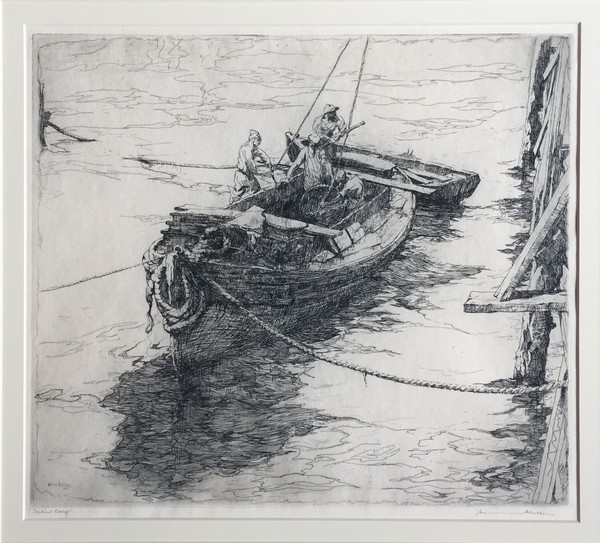 Armin C. Hansen, N.A. - "Sardine Barge" - Etching - 12 7/8" x 14 5/8" - Plate: Signed & dated, lower left: Armin Hansen '22. 
<br>Titled in pencil lower left; signed in pencil lower right.
<br>
<br>In: 'The Graphic Art of Armin C. Hansen-A Catalogue Raisonne by Anthony R. White/1986; plate #43, pages 54, 55.
<br>
<br>THIS IS HANSEN'S SIGNATURE ETCHING - AND ICONIC COMPOSITION. 
<br>HIS GOLD MEDAL WINNER IN 1923 AT THE LA INTERNATIONAL EXHIBITION BY THE LOS ANGELES CHAMBER OF COMMERCE FOR BEST PRINT IN EXHIBIT.