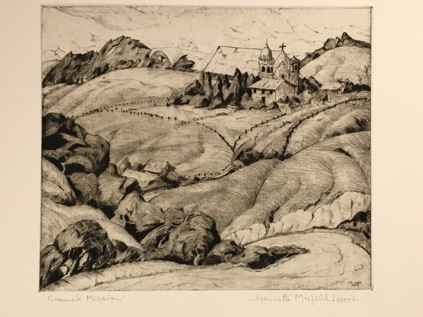 Jeannette Maxfield Lewis - "Carmel Mission" - Drypoint - 5 7/8" x 7" - Plate: Signed and dated lower right
<br>Pencil titled and signed
<br>Edition: 10
<br>
<br>Exhibition Catalogue: 'Jeannette Maxfield Lewis: A Centennial Celebration' MPMA/1994. #60 in Catalogue Raisonne: The Complete Etchings by Anthony R. White. 
<br>
<br>Jeannette Maxfield Lewis began experimenting with printmaking under Armin Hansen in 1931, first with small drypoints, later moving into etching. She and her husband soon began a collaborative effort in the production of her prints; under the initial supervision of Hansen, Mr. Lewis became Jeannette's printer and chief critic. Working on-site continued to be an integral part of creating the etching or drypoint and Lewis' reputation in this medium grew rapidly.