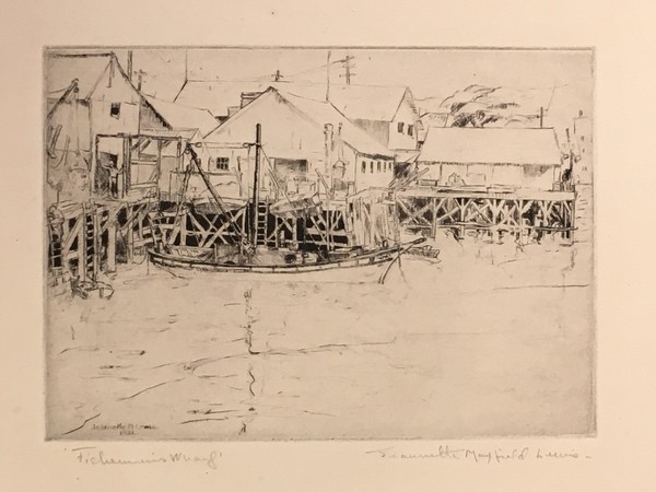 Jeannette Maxfield Lewis - "Fishermen's Wharf" - Drypoint - 4 7/8" x 6 7/8" - Signed and dated lower left.<br>Pencil titled and signed<br>Edition: 15<br><br><br>In: Exhibition Catalogue: 'Jeannette Maxfield Lewis: A Centennial Celebration' MPMA/1994. #19 in Catalogue Raisonne: The Complete Etchings by Anthony R. White. <br><br>Jeannette began experimenting with printmaking under Armin Hansen in 1931, first with small drypoints, later moving into etching. She and her husband soon began a collaborative effort in the production of her prints; under the initial supervision of Hansen, Mr. Lewis became Jeannette's printer and chief critic. Working on-site continued to be an integral part of creating the etching or drypoint and Lewis' reputation in this medium grew rapidly.<br><br>Her first exhibition of etchings took place at the Society of American Etchers 1932 Annual; she submitted four prints, and "Fisherman's Wharf" was accepted.