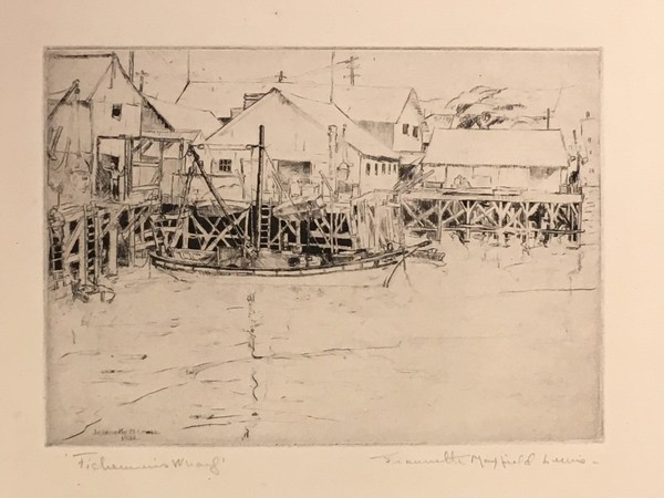 Jeannette Maxfield Lewis - "Fishermen's Wharf" Jeannette Maxfield Lewis - "Fishermen's Wharf" - Drypoint - 4 7/8" x 6 7/8" - Signed and dated lower left.
<br>Pencil titled and signed
<br>Edition: 15
<br>
<br>
<br>In: Exhibition Catalogue: 'Jeannette Maxfield Lewis: A Centennial Celebration' MPMA/1994. #19 in Catalogue Raisonne: The Complete Etchings by Anthony R. White.
<br>
<br>Jeannette began experimenting with printmaking under Armin Hansen in 1931, first with small drypoints, later moving into etching. She and her husband soon began a collaborative effort in the production of her prints; under the initial supervision of Hansen, Mr. Lewis became Jeannette's printer and chief critic. Working on-site continued to be an integral part of creating the etching or drypoint and Lewis' reputation in this medium grew rapidly.
<br>
<br>Her first exhibition of etchings took place at the Society of American Etchers 1932 Annual; she submitted four prints, and "Fisherman's Wharf" was accepted.