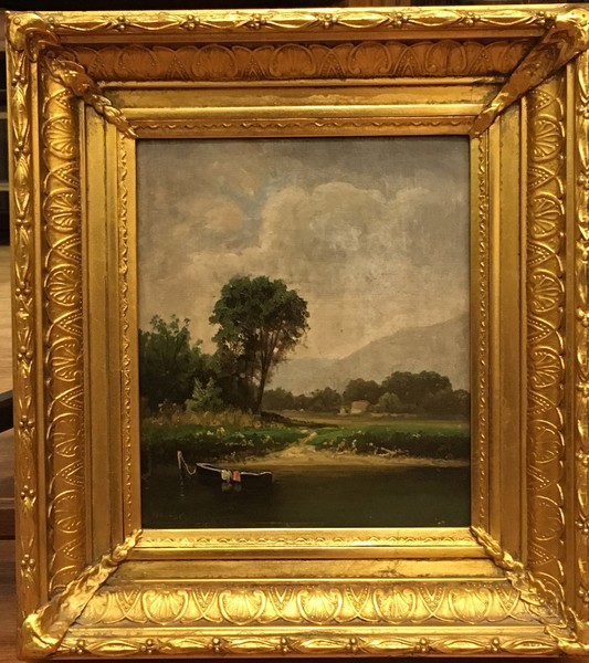 William Marple - "Boat at Rest with Farmhouse in the - Oil on board - 10" x 8 3/8" - Signed lower left; also signed on reverse "Marple"<br><br>Provenance:<br><br>Kent L. Seavey<br>Early California Art Historian; former curator of the California Historical Society.