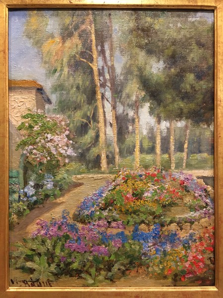 William Adam - "Wm. Adam's Garden" - Oil on board - 16" x 12" - Signed lower left<br>Titled on reverse<br><br>In 1902 he moved permanently to Pacific Grove and in 1906 he purchased a lot on Central Avenue where he built a studio/home for his new bride overlooking a view of Monterey Bay.<br><br>Known as "Professor" Adam, he gave art lessons in his rose-covered cottage at 450 Central Avenue. With a bright and colorful palette of both oil and watercolor, he became most recognized for trees growing along the coastal dunes, the profuse gardens of the Hotel Del Monte, and flowers surrounding peninsula cottages.