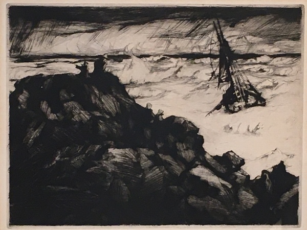 Armin C. Hansen, N.A. - "Adrift" - Etching and drypoint - 6" x 7 7/8" - Plate: Signed and dated, lower left: Armin Hansen '27. 
<br>Titled and signed in pencil. 
<br>
<br>Illustrated:  'The Graphic Art of Armin C. Hansen-A Catalogue Raisonne' by Anthony R. White/1986. Plate 98, pages 106, 107.
<br>
<br>In 1939 Hansen exhibited four etchings at the Paris International Exposition of Graphic Arts. He won a gold medal for "Adrift", but was unable to receive the medal due to a Fench embargo on the exportation of gold.
<br>
<br>
<br>Paris Int'l. Exposition of Graphic Arts - 1939 - 1st Award - Gold Medal.