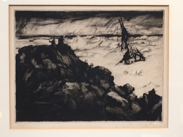 Armin C. Hansen, N.A. - "Adrift" - Etching and drypoint - 6" x 7 7/8" - Plate: Signed and dated, lower left: Armin Hansen '27. 
<br>Titled and signed in pencil. 
<br>
<br>Illustrated:  'The Graphic Art of Armin C. Hansen-A Catalogue Raisonne' by Anthony R. White/1986. Plate 98, pages 106, 107.
<br>
<br>In 1939 Hansen exhibited four etchings at the Paris International Exposition of Graphic Arts. He won a gold medal for "Adrift", but was unable to receive the medal due to a Fench embargo on the exportation of gold.
<br>
<br>
<br>Paris Int'l. Exposition of Graphic Arts - 1939 - 1st Award - Gold Medal.