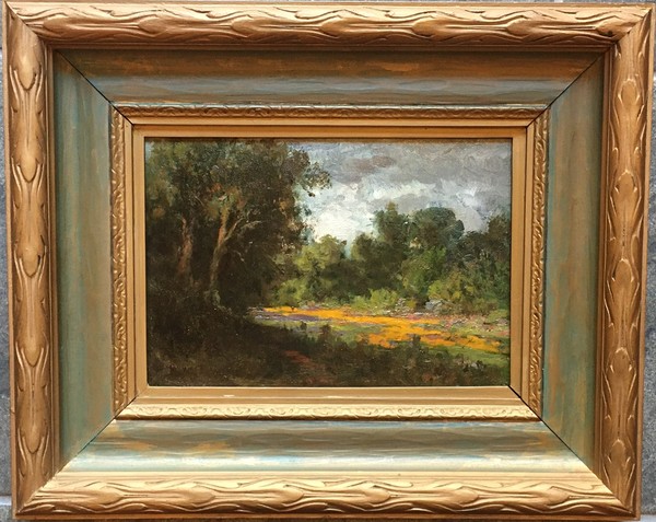 William F. Jackson - "Wood Interior along Sacramento River" William F. Jackson - "Wood Interior along Sacramento River" - Oil on canvas/board - 6 7/8" x 9 7/8" - Signed lower left
<br>Artist's title on reverse
<br>
<br>"…Sacramento's leading painter during the late nineteenth and early-twentieth century. Jackson launched into a career as a landscape painter, whose early works show the influence of his friend William Keith. In 1885 he became the curator of the newly-founded Crocker Art Gallery in Sacramento and served in that role for the next fifty years.
<br>
<br>In the early twentieth century, Jackson expanded his repertory to include the newly-popular 'poppy paintings.' He was lauded by a San Francisco newspaper critic as having become an 'absolute master' of that subject."
<br>
<br>Excerpt from: Meadows and Mountains/The Art of William F. Jackson by Alfred C. Harrison, Jr. - The North Point Gallery, San Francisco, 2009.