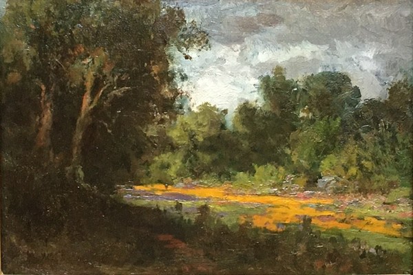 William F. Jackson - "Wood Interior along Sacramento River" - Oil on canvas/board - 6 7/8" x 9 7/8" - Signed lower left<br>Artist's title on reverse<br><br>"…Sacramento's leading painter during the late nineteenth and early-twentieth century. Jackson launched into a career as a landscape painter, whose early works show the influence of his friend William Keith. In 1885 he became the curator of the newly-founded Crocker Art Gallery in Sacramento and served in that role for the next fifty years. <br><br>In the early twentieth century, Jackson expanded his repertory to include the newly-popular 'poppy paintings.' He was lauded by a San Francisco newspaper critic as having become an 'absolute master' of that subject."<br><br>Excerpt from: Meadows and Mountains/The Art of William F. Jackson by Alfred C. Harrison, Jr. - The North Point Gallery, San Francisco, 2009.