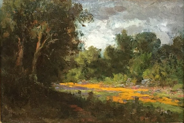 William F. Jackson - "Wood Interior along Sacramento River" - Oil on canvas/board - 6 7/8" x 9 7/8" - Signed lower left
<br>Artist's title on reverse
<br>
<br>"…Sacramento's leading painter during the late nineteenth and early-twentieth century. Jackson launched into a career as a landscape painter, whose early works show the influence of his friend William Keith. In 1885 he became the curator of the newly-founded Crocker Art Gallery in Sacramento and served in that role for the next fifty years. 
<br>
<br>In the early twentieth century, Jackson expanded his repertory to include the newly-popular 'poppy paintings.' He was lauded by a San Francisco newspaper critic as having become an 'absolute master' of that subject."
<br>
<br>Excerpt from: Meadows and Mountains/The Art of William F. Jackson by Alfred C. Harrison, Jr. - The North Point Gallery, San Francisco, 2009.