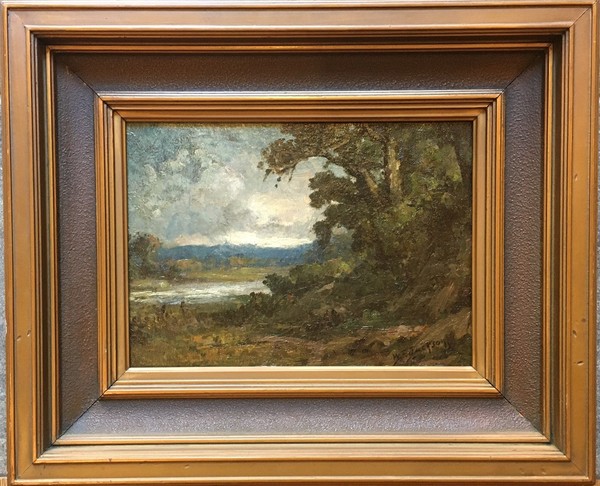 William F. Jackson - "Along the Sacramento River" - Oil on canvas/board - 7 3/4" x 10 3/4" - Signed lower right
<br>
<br>"…Sacramento's leading painter during the late nineteenth and early-twentieth century. Jackson launched into a career as a landscape painter, whose early works show the influence of his friend William Keith. His paintings often depict subjects near his favorite retreat in the Sierra Nevada, the Soda Springs/North Fork of the American River area. 
<br>
<br>In 1885 he became the curator of the newly-founded Crocker Art Gallery in Sacramento and served in that role for the next fifty years."
<br>
<br>Excerpt from: Meadows and Mountains/The Art of William F. Jackson by Alfred C. Harrison, Jr. - The North Point Gallery, San Francisco, 2009.