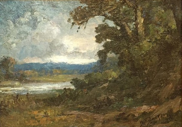 William F. Jackson - "Along the Sacramento River" - Oil on canvas/board - 7 3/4" x 10 3/4" - Signed lower right
<br>
<br>"…Sacramento's leading painter during the late nineteenth and early-twentieth century. Jackson launched into a career as a landscape painter, whose early works show the influence of his friend William Keith. His paintings often depict subjects near his favorite retreat in the Sierra Nevada, the Soda Springs/North Fork of the American River area. 
<br>
<br>In 1885 he became the curator of the newly-founded Crocker Art Gallery in Sacramento and served in that role for the next fifty years."
<br>
<br>Excerpt from: Meadows and Mountains/The Art of William F. Jackson by Alfred C. Harrison, Jr. - The North Point Gallery, San Francisco, 2009.