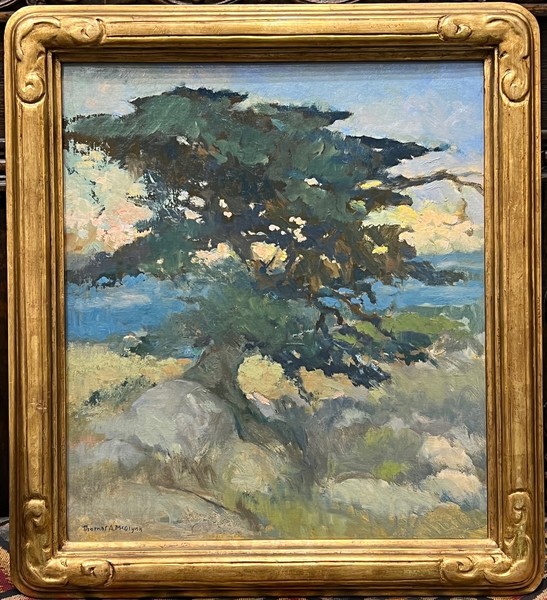 Thomas A. McGlynn - "Cypress" Thomas A. McGlynn - "Cypress" - Oil on canvasboard - 18" x 16" - Estate signed lower left
<br>Titled and signed by the artist on reverse
<br>From the estate of Thomas A. McGlynn
<br>Estate inventory #205 on reverse