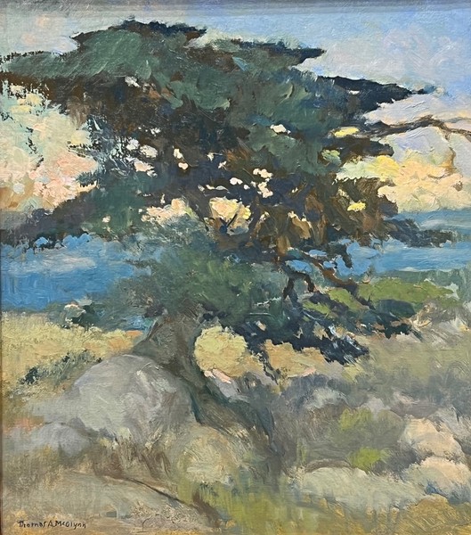 Thomas A. McGlynn - "Cypress" - Oil on canvasboard - 18" x 16" - Estate signed lower left<br>Titled and signed by the artist on reverse <br>From the estate of Thomas A. McGlynn <br>Estate inventory #205 on reverse