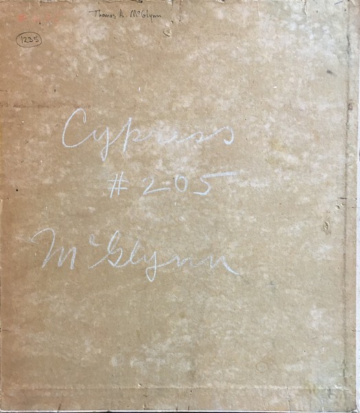 Thomas A. McGlynn - "Cypress" Thomas A. McGlynn - "Cypress" - Oil on canvasboard - 18" x 16" - Estate signed lower left
<br>Titled and signed by the artist on reverse
<br>From the estate of Thomas A. McGlynn
<br>Estate inventory #205 on reverse