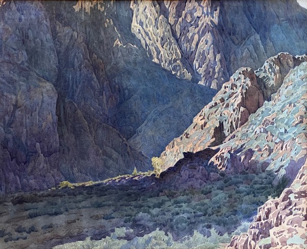Gunnar Widforss - "Bright Angel Trail" - Watercolor - 16" x 20" - Notarized estate provenance on reverse<br>With title plaque<br><br>This work is recorded and illustrated in the online catalogue raisonné of Gunnar Widforss’ work by Alan Petersen as catalogue entry #420. The online catalogue raisonné is available at www.gunnarwidforss.com.<br><br>"Although it isn't one of his "classic" Canyon paintings it is a great document of his practice of hiking in the Canyon to paint in remote locations." (excerpted from email from Alan Petersen/05/04/2022).<br><br>"Gunnar painted it near the mouth of Bright Angel Canyon, about a mile from Phantom Ranch, near the Colorado River, looking downstream. He probably would have been near the trail, but not really on it. In the painting, the river is hidden by the diagonal slope that cuts across the view from the right (north). The Bright Angel Trail itself is just out of the view to the right, further downstream." <br><br>"Since the painting has been known by that title (Bright Angel Trail) for some time, I think I'd stick with it. It maybe isn't the most accurate, geographically, but it's also not inaccurate. I'm going to change the title in the catalogue. (Grand Canyon: Inner Canyon).<br><br>(excerpted from email from Alan Petersen/06/03/2022).