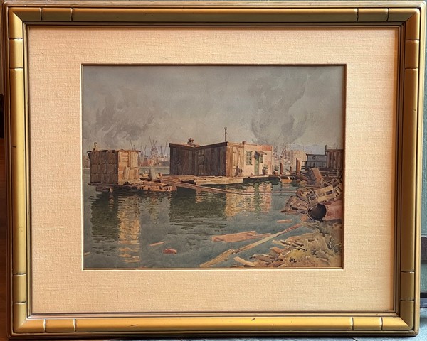 Gunnar Widforss - "Ark in the Oakland Estuary" Gunnar Widforss - "Ark in the Oakland Estuary" - Watercolor - 16" x 20" - Notarized estate provenance on reverse
<br>
<br>This work is recorded and illustrated in the online catalogue raisonné of Gunnar Widforss’ work by Alan Petersen as catalogue entry #616. The online catalogue raisonné is available at www.gunnarwidforss.com.
<br>
<br>
<br>
<br>In a letter to his mother, Blenda, dated December 5, 1928, Widforss referred to painting the harbor and old houses in Oakland. The improvised community of houseboats and "arks," as they were referred to, was home to artists, musicians, and bohemians in general.