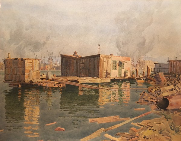 Gunnar Widforss - "Ark in the Oakland Estuary" - Watercolor - 16" x 20" - Notarized estate provenance on reverse<br><br>This work is recorded and illustrated in the online catalogue raisonné of Gunnar Widforss’ work by Alan Petersen as catalogue entry #616. The online catalogue raisonné is available at www.gunnarwidforss.com.<br><br><br><br>In a letter to his mother, Blenda, dated December 5, 1928, Widforss referred to painting the harbor and old houses in Oakland. The improvised community of houseboats and "arks," as they were referred to, was home to artists, musicians, and bohemians in general.