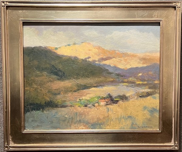 Thomas A. McGlynn - "Coast Range Homestead" - Oil on board - 16" x 20" - Estate signature lower right
<br>Titled and signed on reverse
<br>Directly from the estate of Thomas A. McGlynn