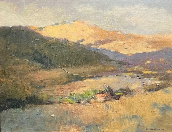 Thomas A. McGlynn - "Coast Range Homestead" - Oil on board - 16" x 20" - Estate signature lower right
<br>Titled and signed on reverse
<br>Directly from the estate of Thomas A. McGlynn