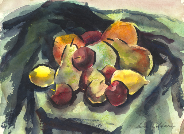 Samuel  Bolton Colburn - "Still Life with Fruit" - Watercolor - 14 1/4" x 20" - Signed lower right
<br>Double-sided: Houses and Cypress
<br>
<br>
<br>Reproduced in OLLI@CSUMB/Fall Catalogue-2022, BACK COVER