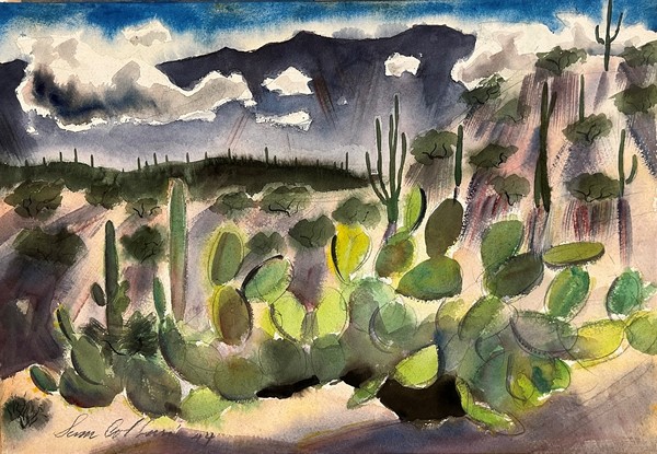 Samuel  Bolton Colburn - "Hillside Farm with Water Tank" - Watercolor - 20 1/2" x 14" - Signed lower left
<br>Double-sided: Cacti - 1944 
<br>Signed and dated lower left
<br>
<br>
<br>Reproduced in OLLI@CSUMB/Fall Catalogue-2022, FRONT COVER