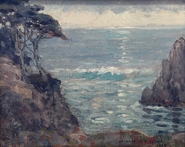 William Posey Silva - "Sunset" - Point Lobos - Oil on canvas/board - 8" x 10" - Signed and dated lower right<br>On reverse:<br>Titled, signed and dated<br>Written under the signature are the words: Sketch for large painting