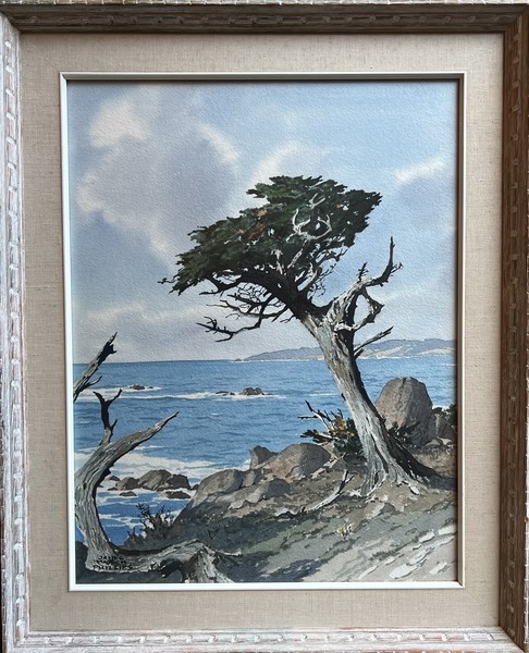James March Phillips - "Cypress near Pebble Beach" - Watercolor - 22 1/4" x 17 1/4" - Signed lower left<br><br>During the 1940s and 1950s, Phillips produced watercolor and gouache paintings depicting California landscape and seascape subjects. He was a prolific painter of San Francisco scenes, landscapes of Sonoma and Napa and coastal views of Pebble Beach and Point Lobos.