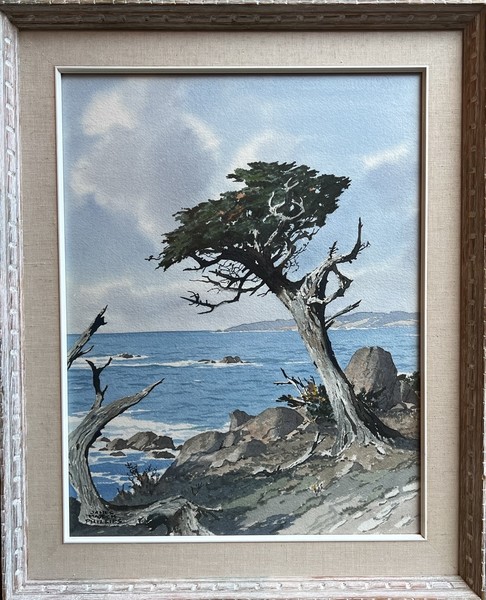 James March Phillips - "Cypress near Pebble Beach" James March Phillips - "Cypress near Pebble Beach" - Watercolor - 22 1/4" x 17 1/4" - Signed lower left
<br>
<br>During the 1940s and 1950s, Phillips produced watercolor and gouache paintings depicting California landscape and seascape subjects. He was a prolific painter of San Francisco scenes, landscapes of Sonoma and Napa and coastal views of Pebble Beach and Point Lobos.