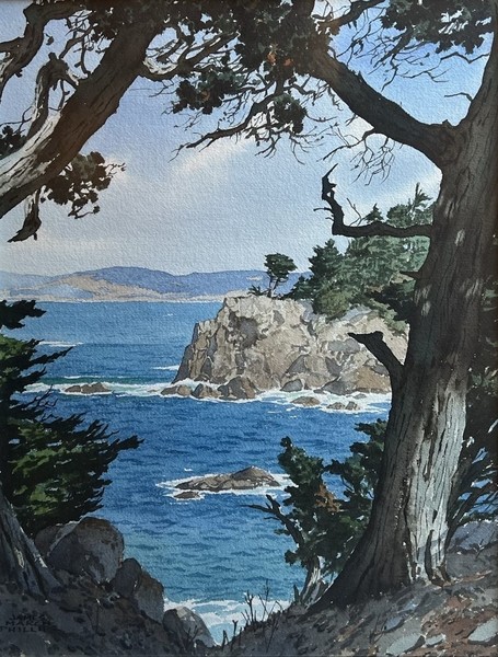 James March Phillips - "Cypress - view to Point Lobos" - Watercolor - 22 1/4" x 17 1/4" - Signed lower left<br><br>Born in Fresno, California, James March Phillips first studied in San Francisco at the Jean Turner Art Academy. He later studied under Louis J. Rogers, Alfred Owles and J. Paget Fredricks. An avid outdoorsman, he painted many watercolor landscapes of the Monterey Peninsula, with his paintings of coastal views of Pebble Beach and Point Lobos, Pebble Beach Golf Links and Cypress Point Club finding particular favor. Phillips exhibited widely and with success, and his paintings are held in collections across the United States.