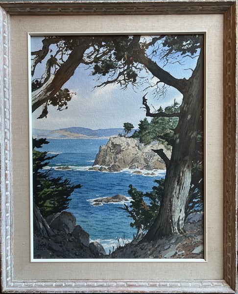 James March Phillips - "Cypress - view to Point Lobos" James March Phillips - "Cypress - view to Point Lobos" - Watercolor - 22 1/4" x 17 1/4" - Signed lower left
<br>
<br>Born in Fresno, California, James March Phillips first studied in San Francisco at the Jean Turner Art Academy. He later studied under Louis J. Rogers, Alfred Owles and J. Paget Fredricks. An avid outdoorsman, he painted many watercolor landscapes of the Monterey Peninsula, with his paintings of coastal views of Pebble Beach and Point Lobos, Pebble Beach Golf Links and Cypress Point Club finding particular favor. Phillips exhibited widely and with success, and his paintings are held in collections across the United States.