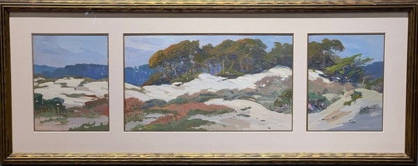Mary DeNeale Morgan - "Sand Dunes and Cypress" Mary DeNeale Morgan - "Sand Dunes and Cypress" - Tempera on paper - 13 3/4" x 35" overall including frame - Signed lower center right
<br>Triptych panel dimensions:
<br>8" x 6 1/4" 8" x 14" 8" x 6 1/4"
<br>Original carved gilt frame