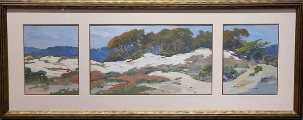 Mary DeNeale Morgan - "Sand Dunes and Cypress" - Tempera on paper - 13 3/4" x 35" overall including frame - Signed lower center right
<br>Triptych panel dimensions:
<br>8" x 6 1/4"   8" x 14"   8" x 6 1/4"
<br>Original carved gilt frame