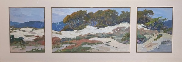 Mary DeNeale Morgan - "Sand Dunes and Cypress" - Tempera on paper - 13 3/4" x 35" overall including frame - Signed lower center right
<br>Triptych panel dimensions:
<br>8" x 6 1/4"   8" x 14"   8" x 6 1/4"
<br>Original carved gilt frame