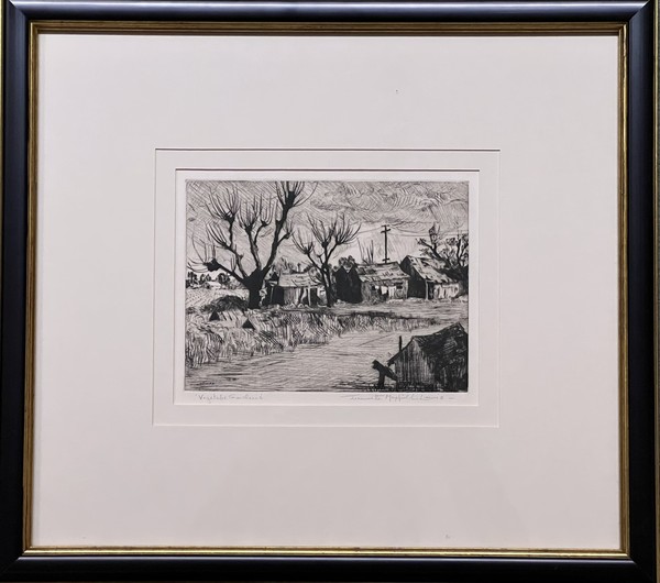 Jeannette Maxfield Lewis - "Vegetable Gardens" - Drypoint - 5 1/4" x 7" - Plate: Signed lower left
<br>Signed in pencil lower left
<br>Titled in pencil lower right
<br>Edition: 16
<br>
<br>Provenance:
<br>Exhibition Catalogue: 'Jeannette Maxfield Lewis: A Centennial Celebration' MPMA/1994. #101, page 45 in Catalogue Raisonne: The Complete Etchings by Anthony R. White
<br>
<br>
<br>Lewis attended the CSFA in San Francisco where she was greatly influenced by Gottardo Piazzoni. She studied with Hans Hofmann in NYC; and locally with Armin Hansen.
<br>
<br>Jeannette Maxfield Lewis began experimenting with printmaking under Armin Hansen in 1931, first with small drypoints, later moving into etching. She and her husband soon began a collaborative effort in the production of her prints; under the initial supervision of Hansen, Mr. Lewis became Jeannette's printer and chief critic. Working on-site continued to be an integral part of creating the etching or drypoint and Lewis' reputation in this medium grew rapidly.