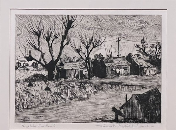 Jeannette Maxfield Lewis - "Vegetable Gardens" - Drypoint - 5 1/4" x 7" - Plate: Signed lower left
<br>Signed in pencil lower left
<br>Titled in pencil lower right
<br>Edition: 16
<br>
<br>Provenance:
<br>Exhibition Catalogue: 'Jeannette Maxfield Lewis: A Centennial Celebration' MPMA/1994. #101, page 45 in Catalogue Raisonne: The Complete Etchings by Anthony R. White
<br>
<br>
<br>Lewis attended the CSFA in San Francisco where she was greatly influenced by Gottardo Piazzoni. She studied with Hans Hofmann in NYC; and locally with Armin Hansen.
<br>
<br>Jeannette Maxfield Lewis began experimenting with printmaking under Armin Hansen in 1931, first with small drypoints, later moving into etching. She and her husband soon began a collaborative effort in the production of her prints; under the initial supervision of Hansen, Mr. Lewis became Jeannette's printer and chief critic. Working on-site continued to be an integral part of creating the etching or drypoint and Lewis' reputation in this medium grew rapidly.