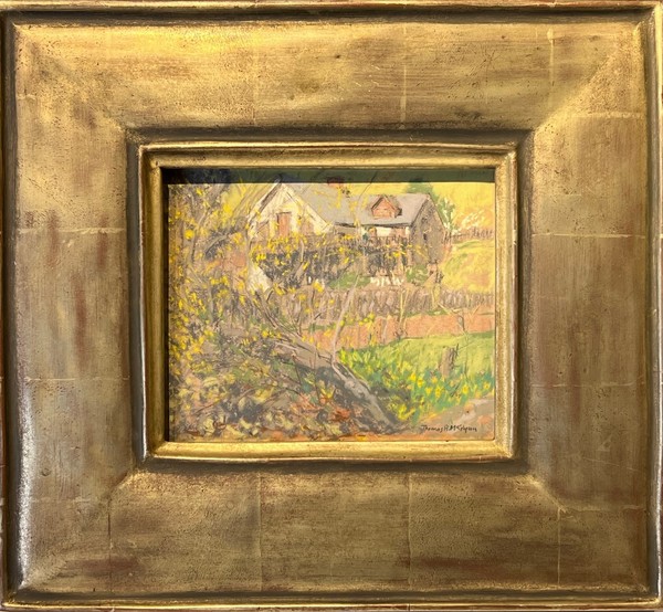 Thomas A. McGlynn - "Farm House" - Pastel - 6" x 8" - Signed lower right<br>Retains original Myron Oliver frame<br><br><br>Thomas McGlynn was an early member of the Carmel Art Association, serving twice as President as well as serving on the Board and becoming a lifetime member. <br><br>His paintings are among the most lyrical of the school of California Luminists. Almost completely a landscapist, his paintings convey the poetry, the sense of majesty and tranquility which he sensed in nature.