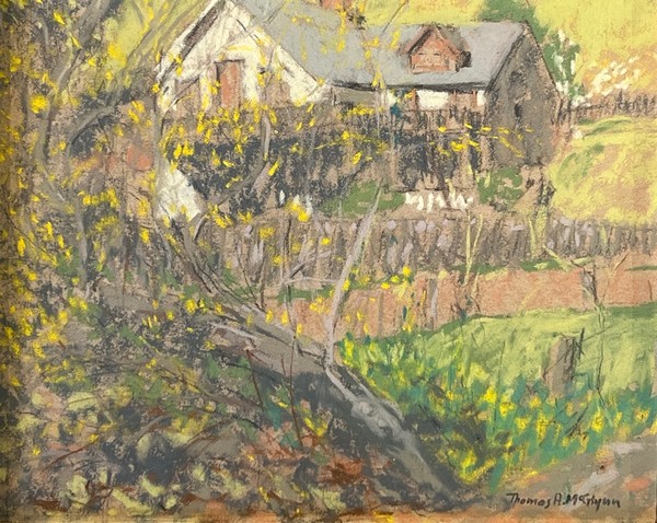 Thomas A. McGlynn - "Farm House" Thomas A. McGlynn - "Farm House" - Pastel - 6" x 8" - Signed lower right
<br>Retains original Myron Oliver frame
<br>
<br>
<br>Thomas McGlynn was an early member of the Carmel Art Association, serving twice as President as well as serving on the Board and becoming a lifetime member.
<br>
<br>His paintings are among the most lyrical of the school of California Luminists. Almost completely a landscapist, his paintings convey the poetry, the sense of majesty and tranquility which he sensed in nature.