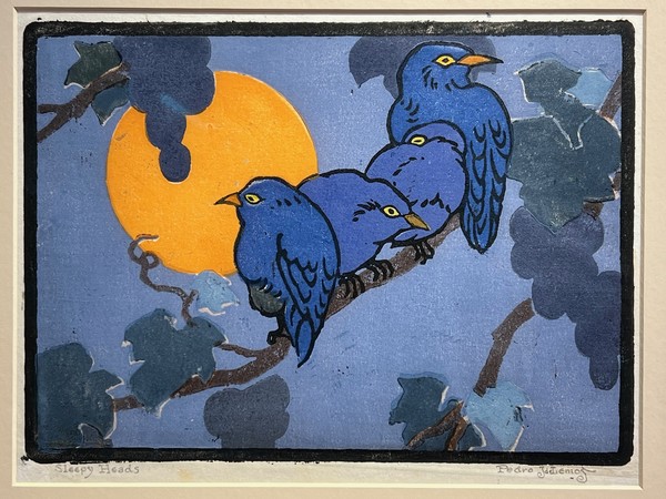 Pedro J. de Lemos - "Sleepy Heads" Pedro J. de Lemos - "Sleepy Heads" - Color block print - 8" x 11" - Titled lower left
<br>Signed lower right
<br>
<br>Edwards/page 61
<br>The extraordinary compositions and brash colors in Lemos' "The Green Cove" (pl.30a), "Sleepy Heads" (pl.31a), and "The Sunset Mountain" (pl.32b) anticipate the psychedelic world of 1960s Pop Art. How many of his contemporaries were this inventive?