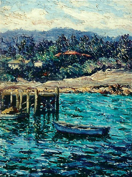 Lillie May Nicholson - "Forest, Pier and Boat - Monterey" - Oil on board - 16" x 12"