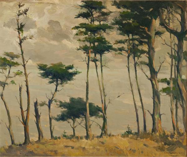 Armin C. Hansen, N.A. - "The Sentinels" - Oil on canvas - 25" x 30" - Signed lower right
<br>
<br>Exhibited: CAA/60th Anniversary Show: 1927-1987; MMA/2008: 'Men, Ships and the Sea: Masterworks of California Painting by Armin Hansen and William Ritschel'.
<br>
<br>Exhibited: 
<br>Armin Hansen: The Artful Voyage
<br>
<br>Pasadena Museum of California Art/Jan.-May, 2015
<br>Crocker Art Museum/June – October, 2015
<br>Monterey Museum of Art/Oct. 2015 – Mar. 2016.
<br>
<br>Illustrated:  Armin Hansen: The Artful Voyage  by Scott A. Shields, PhD., page 25. Published on the occasion of the exhibition.
<br>
<br>"Before Hansen, when artists painted Monterey scenes with workers, they most often depicted them in connection with the historic Carmel Mission or quietly performing agricultural chores in peaceful harmony with the land, evincing the lingering influence of the French Barbizon style that Tavernier introduced in the mid-1870s. Such paintings were popular because they were soothing and restful, offering an oasis of tranquility and escape. These evolved into pure landscapes focusing on the beautiful coast, with attention accorded to the wind-sculpted Monterey cypress trees clinging to rocky shores. Hansen, who saw himself as part of a new generation, painted pure landscapes infrequently…when he did depict the cypress or pine, he tended to organize the trees into abstractly patterned groups rather than depict them as single, arboreal curiosities…"   
<br>
<br>Armin Hansen: The Artful Voyage, Scott A. Shields, PhD.