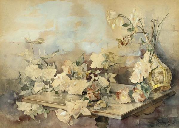 Franz A. Bischoff - Still-Life With Roses - Watercolor - 22 1/4" x 30 3/4" - Signed and dated 1890 lower right
<br>Framed by Richard Tobey Fine Frames, Los Angeles, California
<br>
<br>
<br>As a china painter, Bischoff was most famous for his roses, and became known as the "King of the Rose Painters". This watercolor was painted the year that he and Bertha Greenwald were married in Fostoria, Ohio.