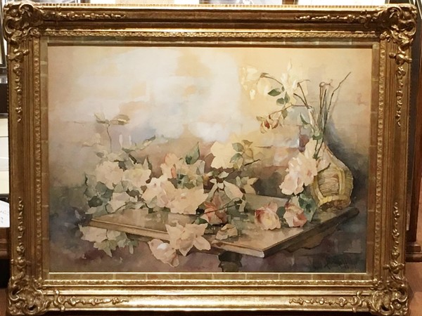 Franz A. Bischoff - Still-Life With Roses - Watercolor - 22 1/4" x 30 3/4" - Signed and dated 1890 lower right
<br>Framed by Richard Tobey Fine Frames, Los Angeles, California
<br>
<br>
<br>As a china painter, Bischoff was most famous for his roses, and became known as the "King of the Rose Painters". This watercolor was painted the year that he and Bertha Greenwald were married in Fostoria, Ohio.