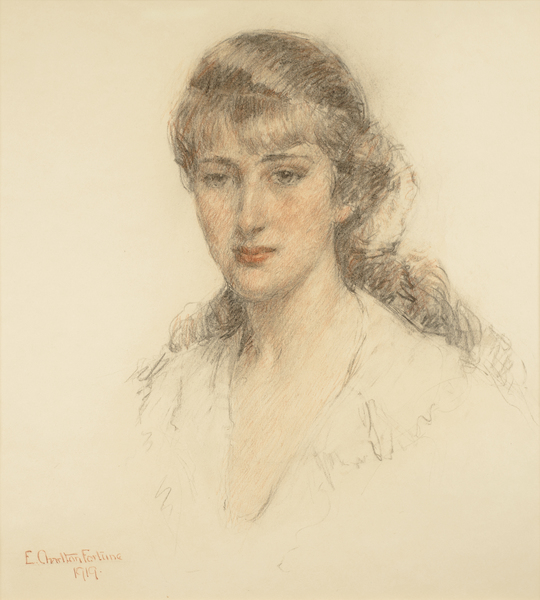 E. Charlton Fortune - "Portrait of a Young Lady" - Pastel - 23 3/8" x 21 1/2" - Signed and dated lower left
<br>
<br>Exhibited: 
<br> "E. Charlton Fortune, 1885-1969" - Carmel Art Association/August 2 - September 5, 2001. Illustrated. in accompanying catalogue, plate 23, page 54
<br>
<br>"E. Charlton Fortune: The Colorful Spirit" -
<br>Pasadena Museum of California Art (PMCA)/Aug. 20, 2017 - Jan.7, 2018;
<br>Crocker Art Museum/Jan. 28 - April 22, 2018
<br>Monterey Museum of Art/May 24 - Aug. 27, 2018
<br>
<br>Illustrated: E. Charlton Fortune: The Colorful Spirit by Scott A. Shields, PhD., page 58. Published on the occasion of the exhibition.