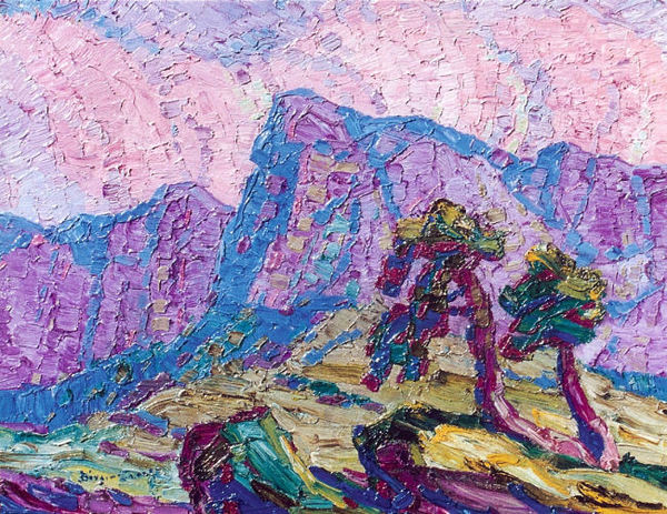 Birger Sandzen - "Twilight in the Mountains" - Oil on board - 14 1/8" x 18 1/8"