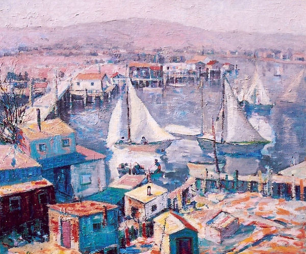 Selden Connor Gile - "On the Yacht Harbor" - Oil on canvas - 30" X 36" - Signed and dated 1927 lower right