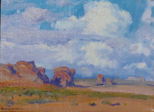 Arthur Hill Gilbert, A.N.A. - "Desert Rocks" - Oil on canvas/board - 12" x 16" - Signed lower left
<br>Ttitled on reverse