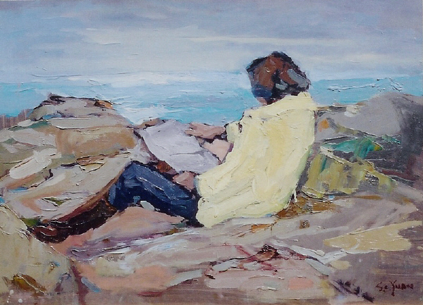 S.C. Yuan - "Girl On Rocks" - Oil on masonite - 18" x 24"