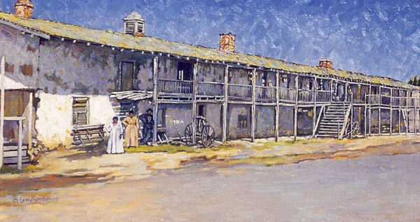 Evelyn McCormick - "El Cuartel" - Oil on canvas - 16" x 28" - Signed lower left
<br>
<br>Army barracks built in 1840 by order of Governor Juan B. Alvarado.